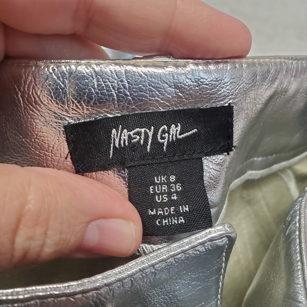 Nasty Gal Silver Faux Leather Black Star Pants Women 4 Rave Party Festival Cyber - Picture 11 of 11